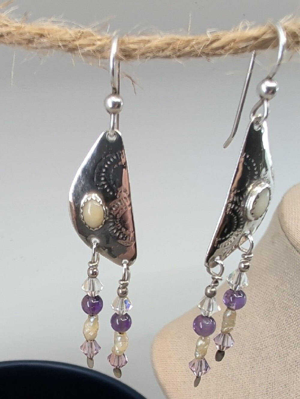 Vintage Hand Hammered Sterling Silver Amethyst Pearl Dangle Earrings - Picture 3 of 17
